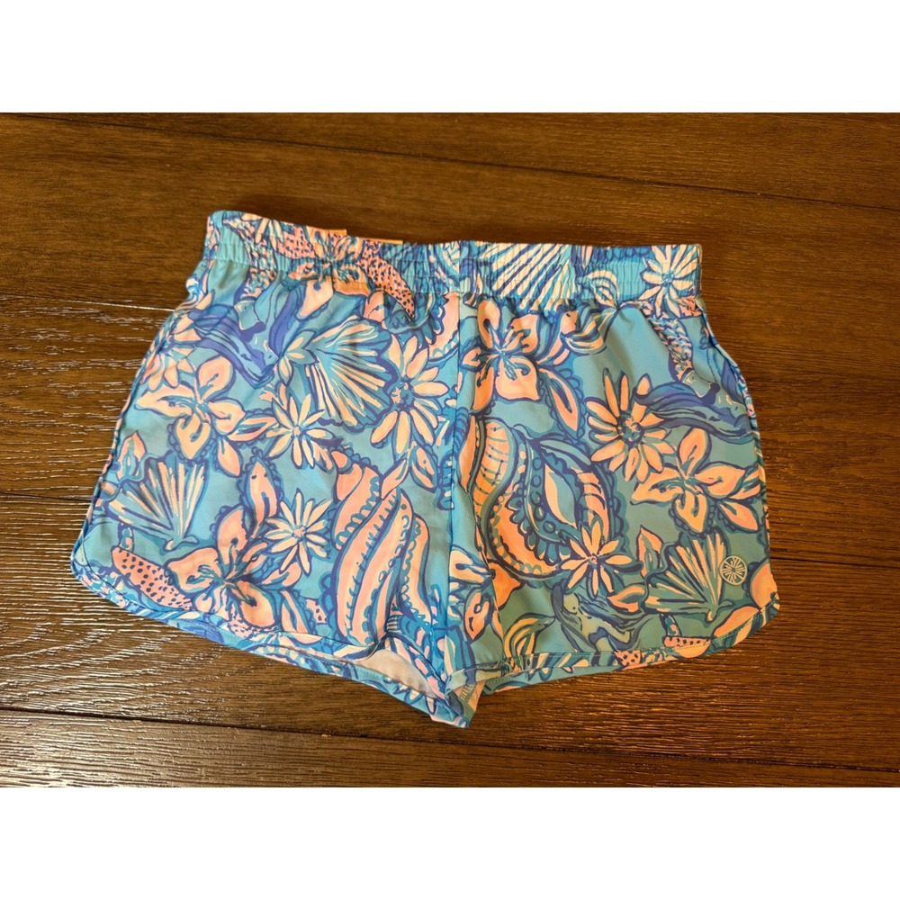 Lilly Pulitzer Luxletic Shorts Girls Medium Blue Pink Ocean Trail Floral Print